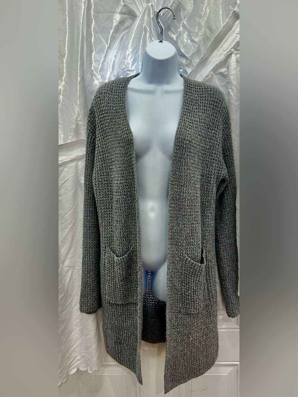 SHEIN Charcoal Gray Waffle Knit Open-Front Cardigan Long Sz 4 Small